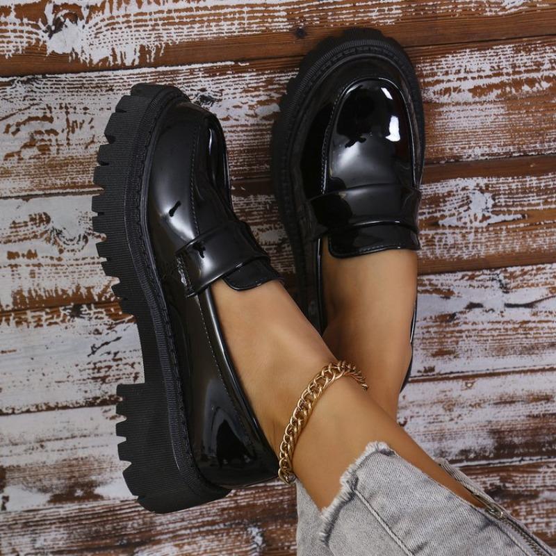 Fashion Patent Leather Med Heel Loafers Shoes Women Solid Color Slip-On Platform Pumps Woman Thick Bottom Non-Slip Office Shoes Female