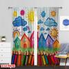 Set Of 2 Flat Printing Back School Party Theme Curtain Includes Colored Crayons Pencils Fun Patterns Happy Clouds Curtains Made Polyester
