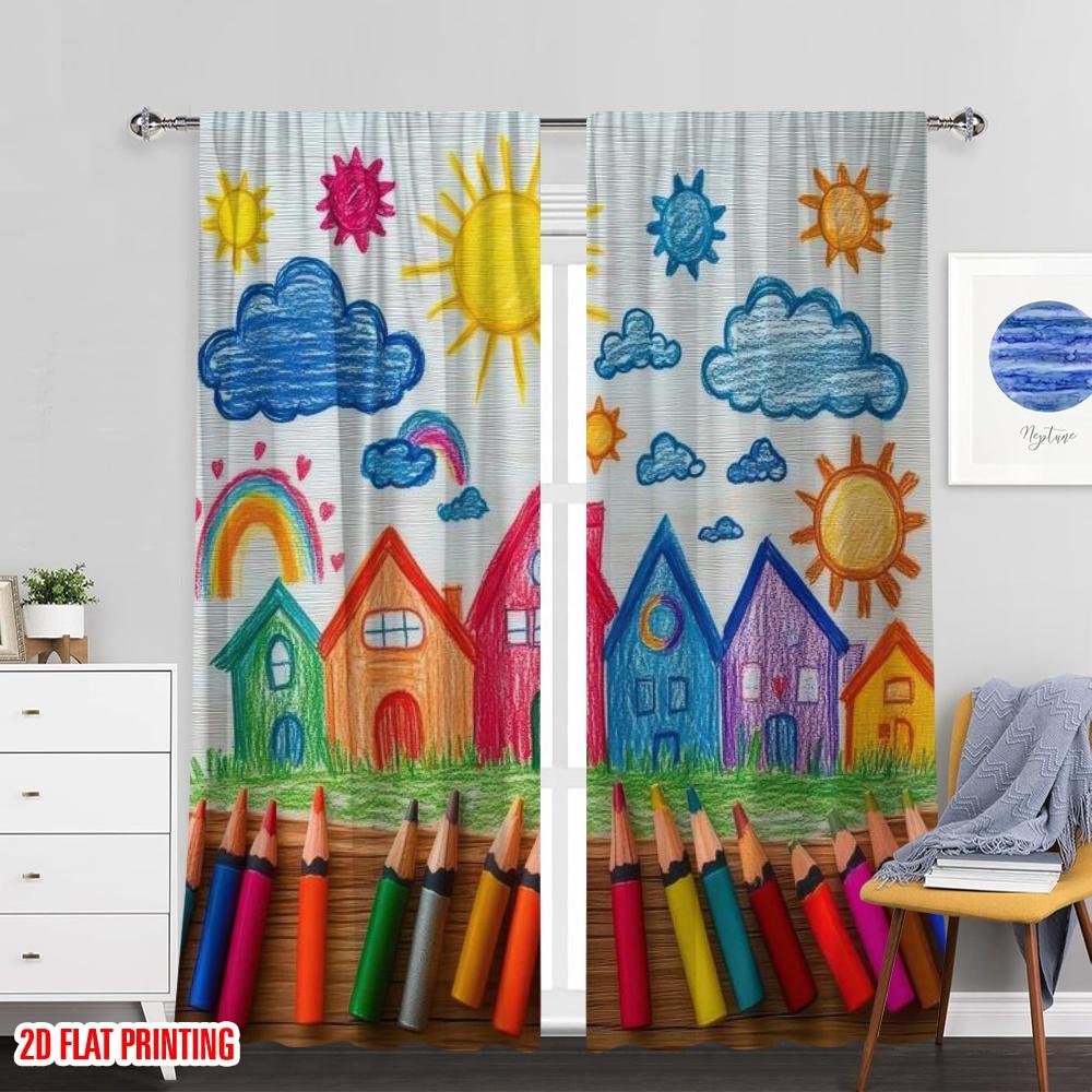 Set Of 2 Flat Printing Back School Party Theme Curtain Includes Colored Crayons Pencils Fun Patterns Happy Clouds Curtains Made Polyester
