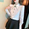Women Autumn New Polo Collar Shirt Fashion and Elegant Studded with Diamonds Solid Buttons Casual and Versatile Long Sleeve Tops
