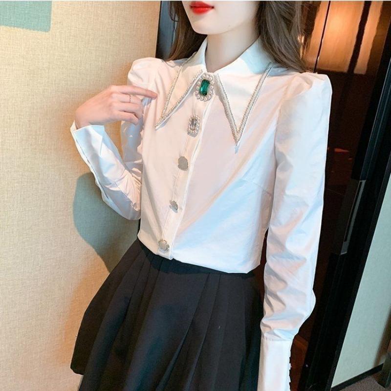 Women Autumn New Polo Collar Shirt Fashion and Elegant Studded with Diamonds Solid Buttons Casual and Versatile Long Sleeve Tops