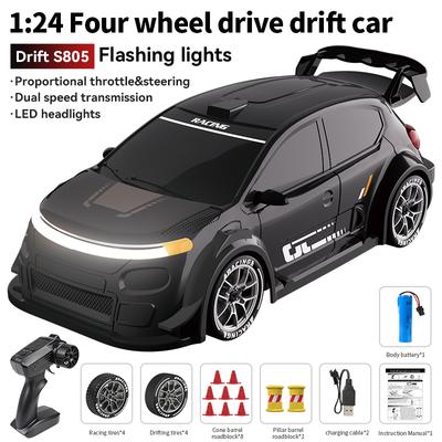 1:24 4WD Drift RC Car with LED Lights, Replaceable Tires, 2.4G Remote Control, 2 Speed Modes, Rechargeable Toy for Kids & Adults