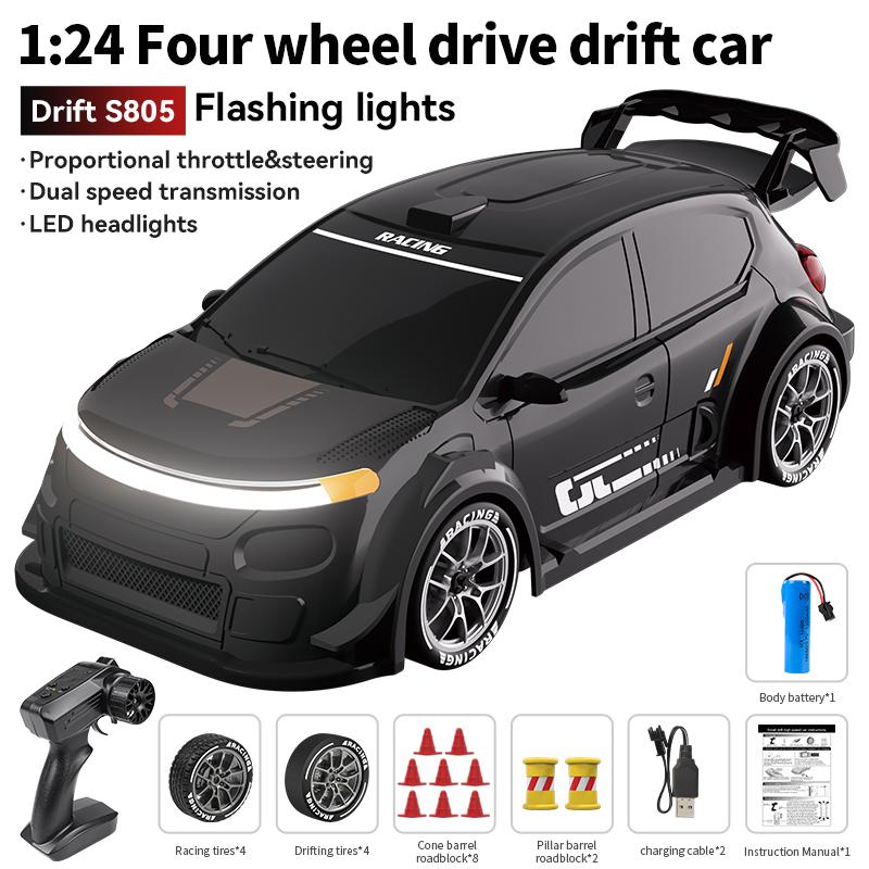 1:24 4WD Drift RC Car with LED Lights, Replaceable Tires, 2.4G Remote Control, 2 Speed Modes, Rechargeable Toy for Kids & Adults