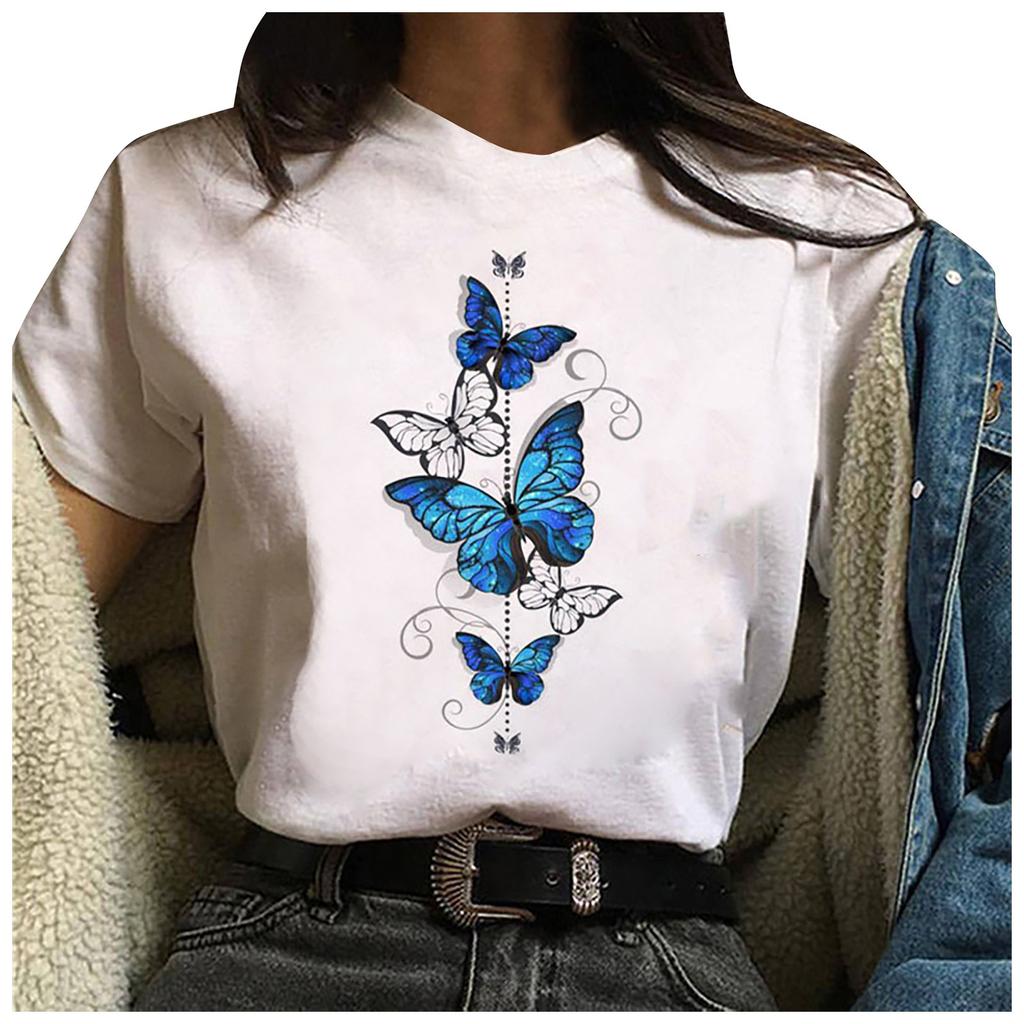 Fashion Women's Casual Loose  T-shirt Butterfly Print Short Sleeve Top