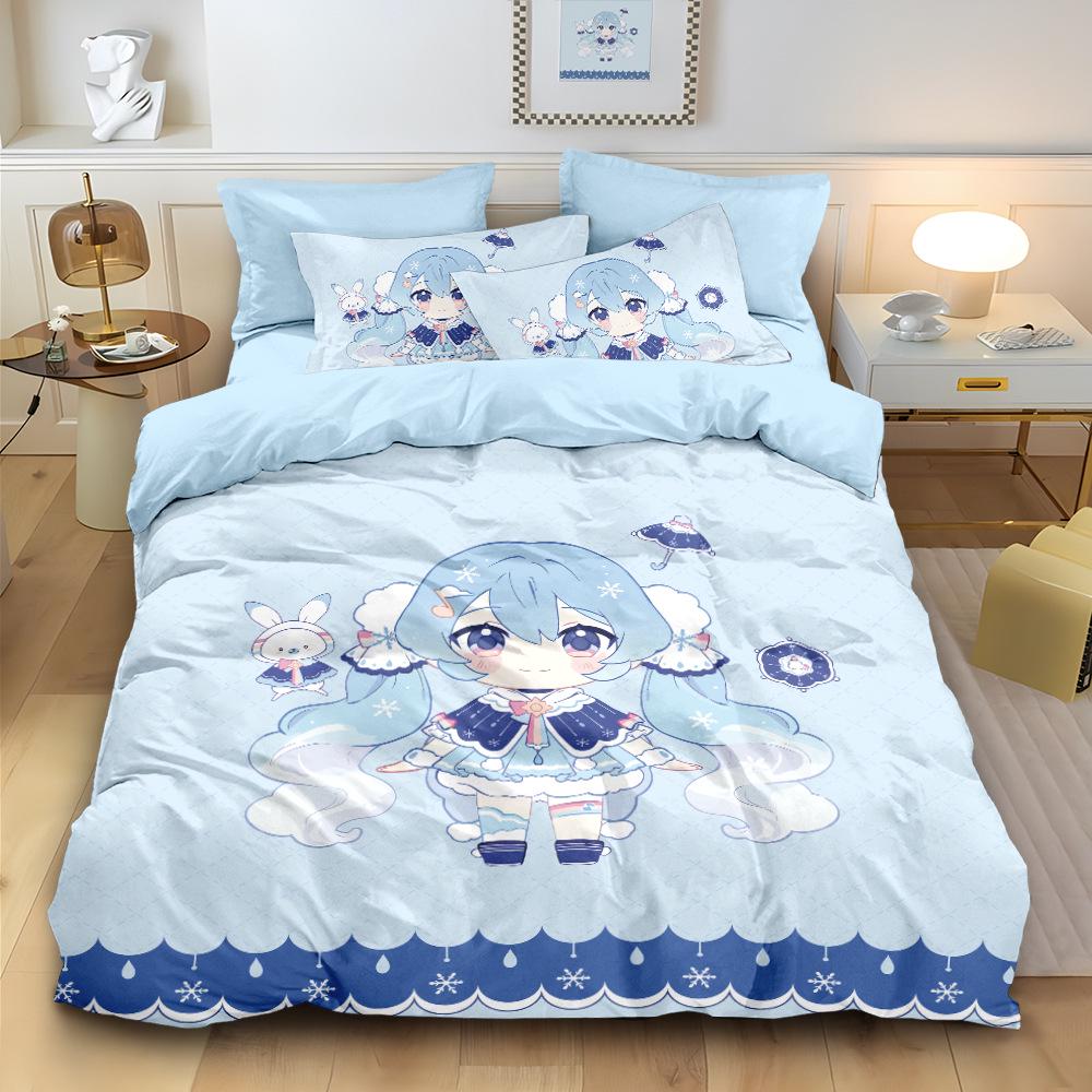 Hatsune Miku Pure Cotton 4-Piece Bedding Set: Cute Duvet Cover & Fitted Sheet for Students