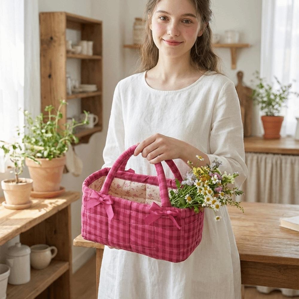 Quilted Craft Picnic Bag Plaid Design Storage Basket French Style Fabric Organizer Bedroom Use