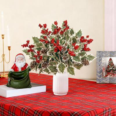 Yousheng 6Pcs Artificial Plants with Holly Berries Pine Cones Faux Greenery Branch Fake Red Berries Green Plants Stems Christmas Holiday Decoration