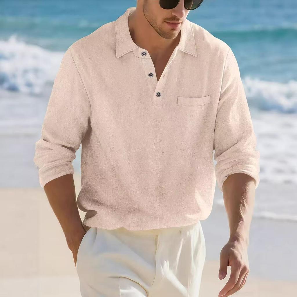 New Men's Cotton-Linen Blend Long-Sleeved Shirt Collarless Casual Loose-Fit Solid-Colour Linen Top Spring/Autumn Menswear