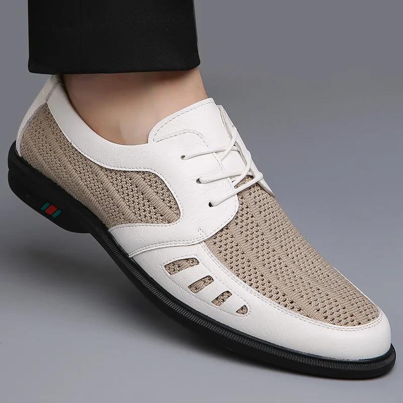 High Quality Men's Business Casual Leather Shoes New Mesh Breathable Lace-up Soft Sole Designer Shoes for Men Zapatos Casuales