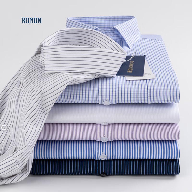 ROMON Men's Business Casual Striped Long-Sleeve Shirt