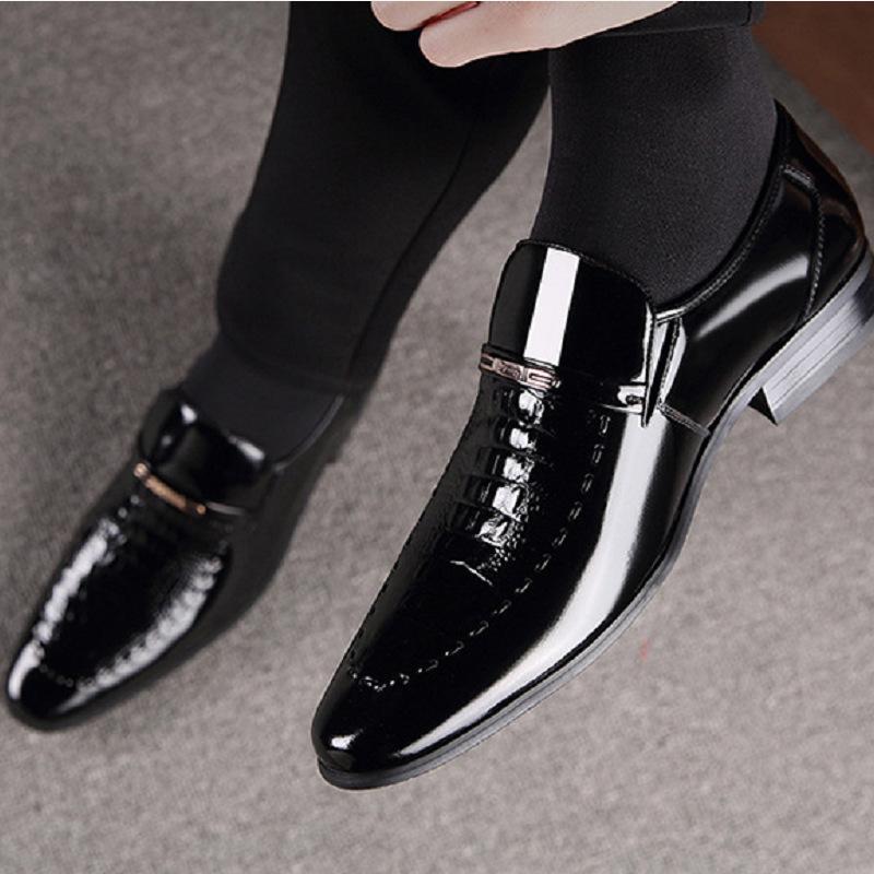 Men'S Croc-Embossed Patent Leather Dress Shoes Wide Width Pointed Toe Slip-On Business Formal Comfort Non-Slip Office Wedding