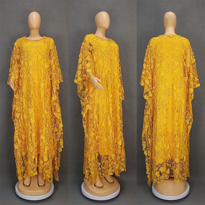 Plus Size African Women's Loose Long Robe Dress with Water Soluble Lace & Short Sleeves