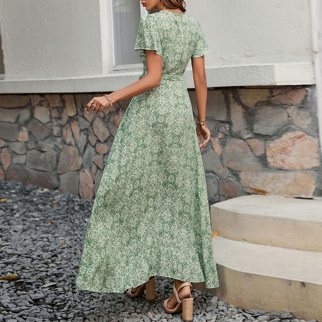 Women's Summer Floral High Waist Bohemian Dress Casual Hawaiian Flowing V Neck Holiday Dress