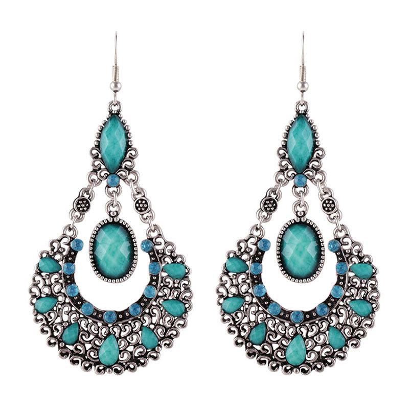 Vintage Palace Style Rhinestone Water Drop Earrings for Women Temperament Hollow Carved Silver Color Metal Earring Femme Jewelry