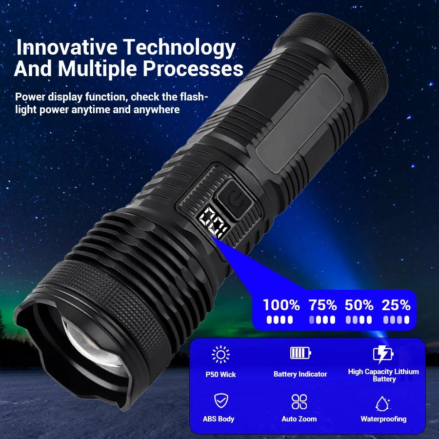 Outdoor Portable Zoom LED Flashlight Type-c Rechargeable Torch with Power Display Strong Light Camping Fishing Emergency Lamp