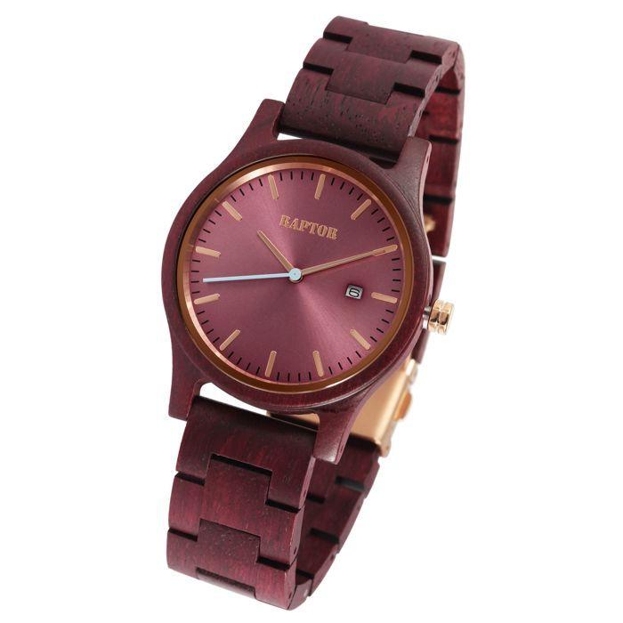 Montre bracelet - RAPTOR - Malte - Bracelet bois amarante - Cadran rouge - Quartz GM12
