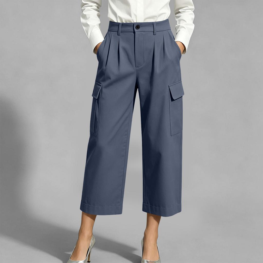 Women's Color Casual Trousers with Cotton Pockets and Button Front Dress Pants