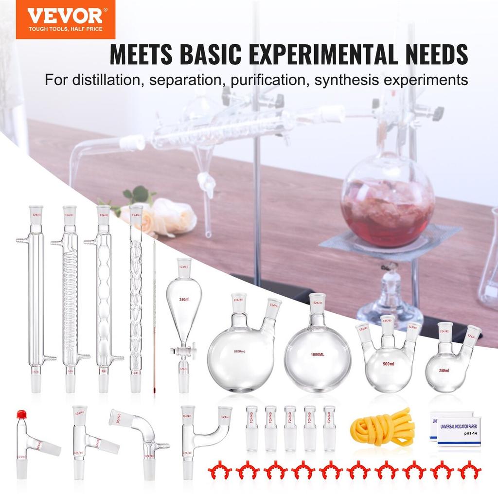 Lab Distillation Kit, 3.3 Boro Lab Glassware Distillation Kit with 24, 40 Joint, 1000ml Essential Oil Distillation Apparatus Kit, 32 pcs Set of