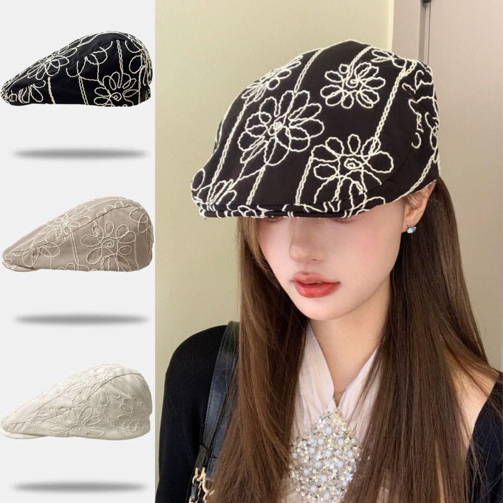 Casual Versatile Forward Cap Flower Embroidery British Hat Fashion Beret For Lady Girl