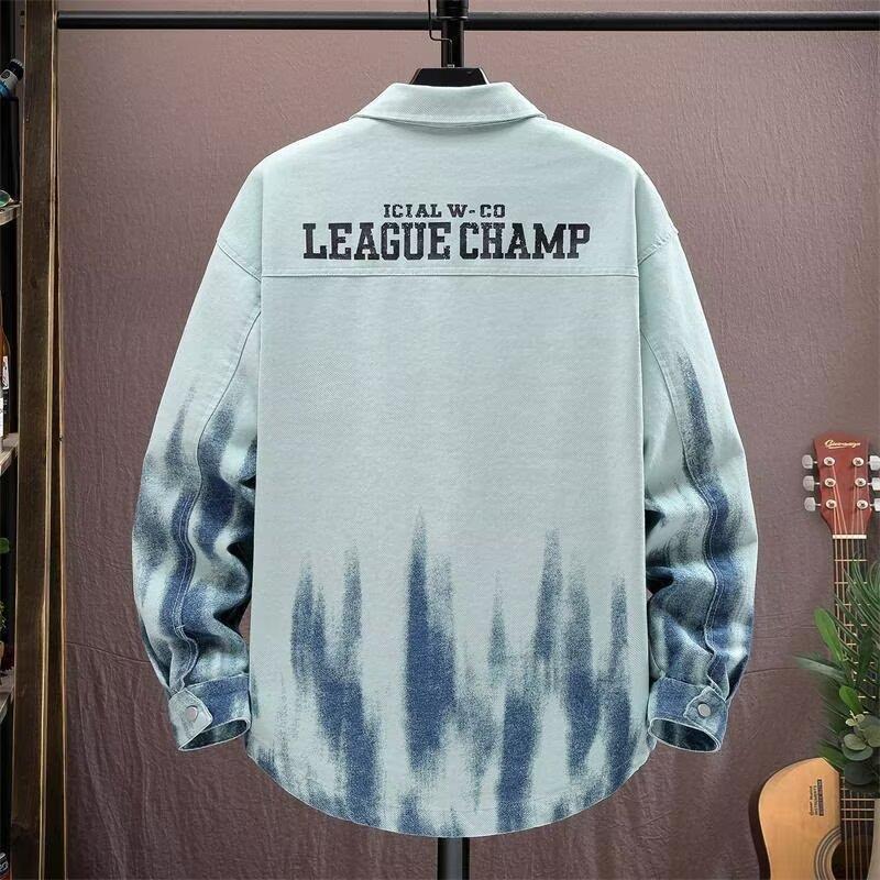 Men's White Gradient Denim Jacket Letter Print Casual Oversized Streetwear Coat