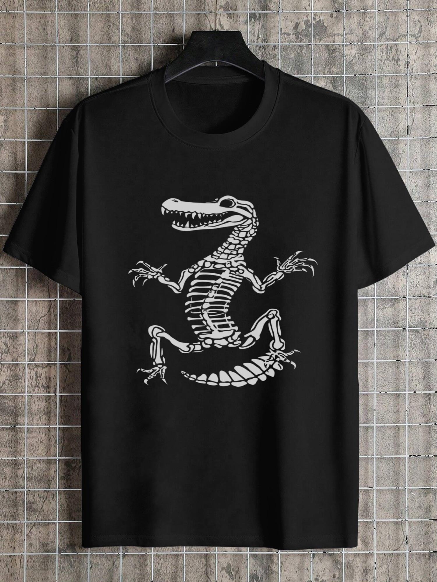 1pc Skeleton Alligator Graphic T-shirt - 180g Cotton Crew Neck Short Sleeve Tee with White Outline Stencil Art XXXL