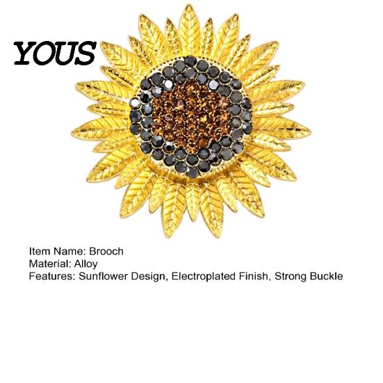 Decorative Sunflower Pin Brooch Pin, Large Design Lapel with Rhinestones Inlaid, Three-Dimensional Strong Buckle Petals Floral Badge, Electroplated