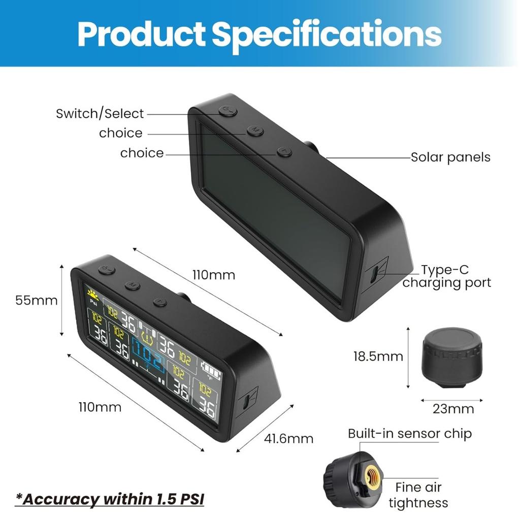 4/6 Externe Sensoren Solar TPMS Reifendruckalarm Wasserdicht Reifendruck Temperaturwarnung Digitales LCD-Display 0~9.9Bar LKW Wohnmobil