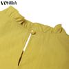 VONDA Women Casual Ruffled Round Neck Summer Short Puff Sleeve Pleating Blouse