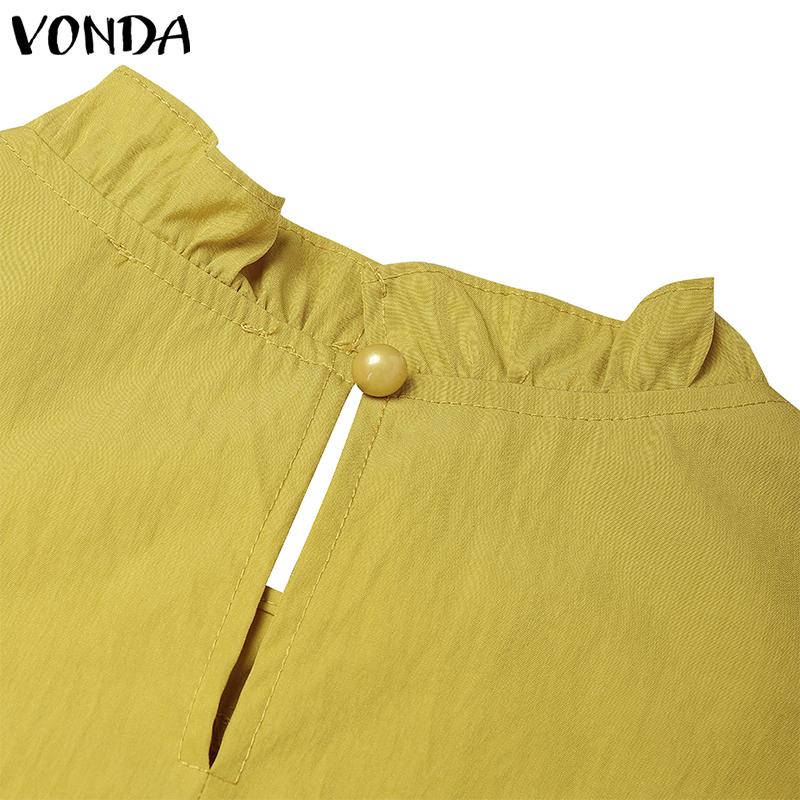 VONDA Women Casual Ruffled Round Neck Summer Short Puff Sleeve Pleating Blouse