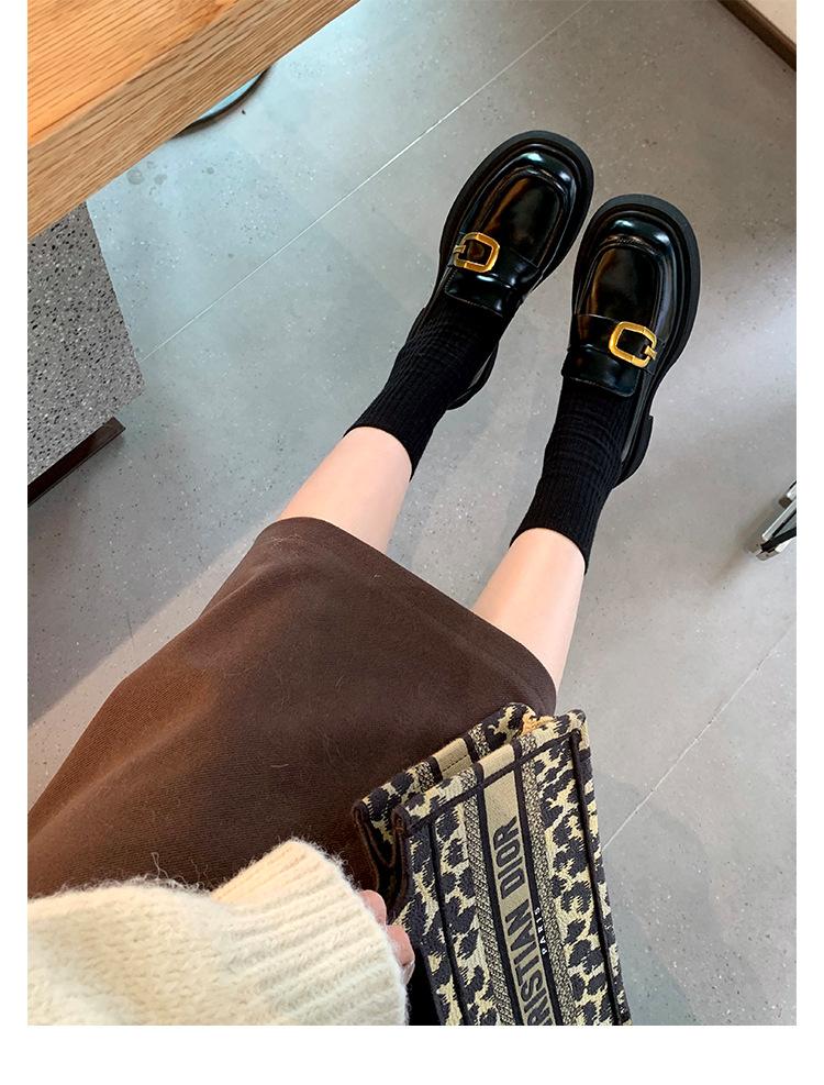Cowhide Version~ Grape Mother Same British Small Leather Shoes Women's Buckle Thick Sole Thick Heel Heightened Round Head Lazy Loafers