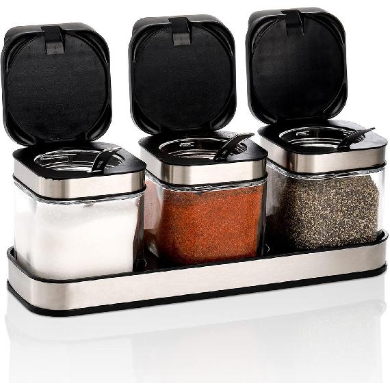 DEAYOU 3 Pack Glass Seasoning Box with Tray, Clear Condiment Canister with 18/10 Stainless Steel Lid and Spoon, Kitchen Spice Pot with Base, Salt