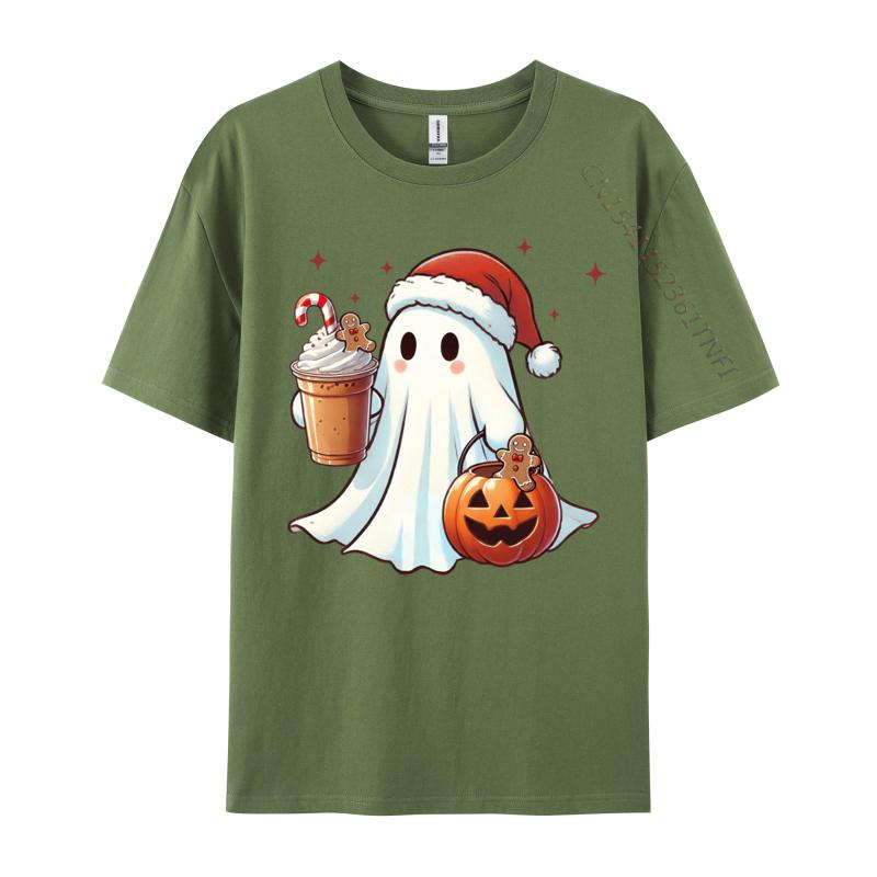 

Cute Santa Ghost Drinking Coffee Latte Christmas Pajamas T-Shirt Fashion Crew Neck Man Tops Tee Plus Size For Male 4XL
