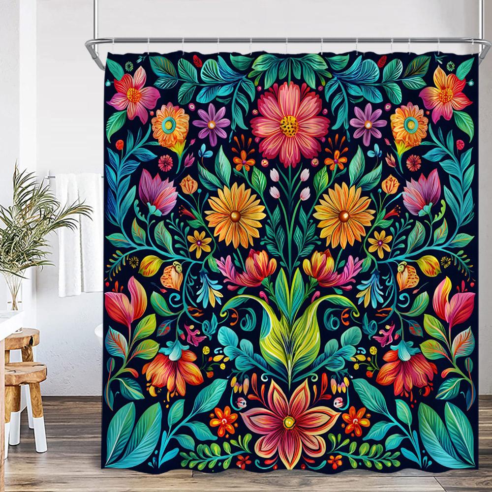 Boho Floral Vintage Shower Curtain Home Decor for Retro Bohemian Flower Herb Plant Bathroom Polyester Bath Curtain with Hook
