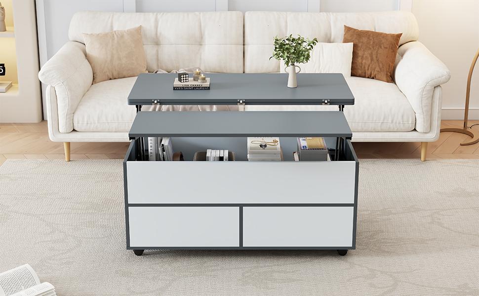 Mesa de centro regulable en altura de 100*98*65 cm con almacenamiento oculto, ruedas y cajones, mesa de comedor multifuncional, empalme gris-blanco