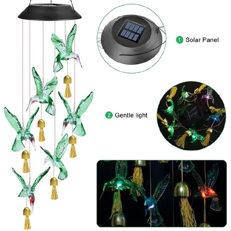 Solar Hummingbird Wind Chimes with Colorful LED Light Display for Home Party Yard Garden Christmas Decoration Ornament