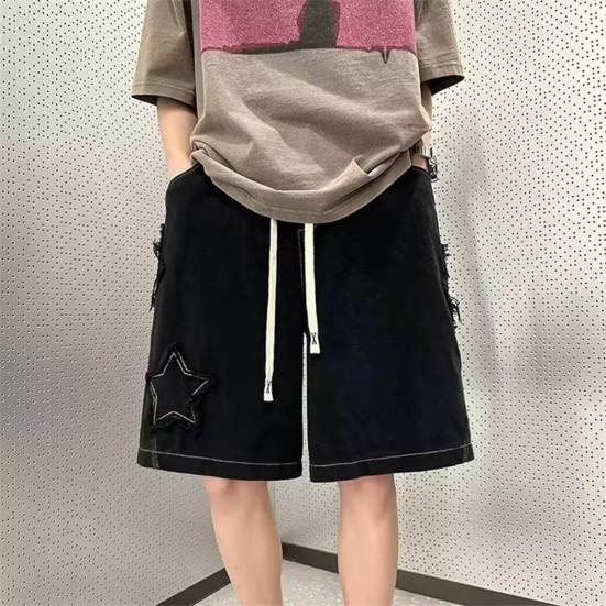 Men Denim Shorts Elastic Waist Adjustable Drawstring Oversized Wide Leg Short Jeans Washed Knee-length Shorts with Tassel Edge Star Patch
