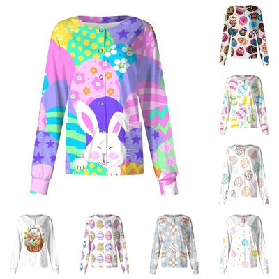 Women's Casual Long Sleeve Single Breasted Easter Printed Care Workwear Cardigan Top