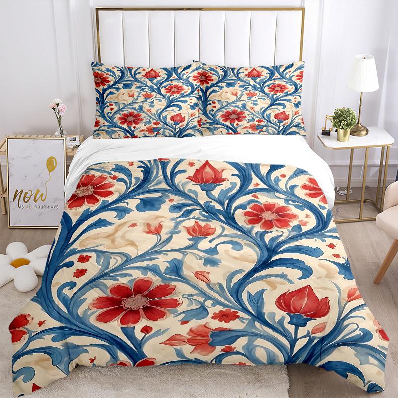 3pcs Red Flowers and Blue Vines Quilt Set Cartoon Themed Bed Quilt Set Lovely Character Bedroom Decor Bed Quilt Set
