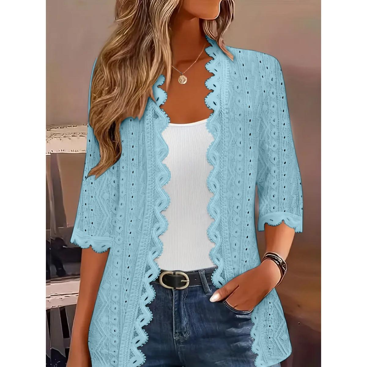 

European American Style Women s 3/4 Sleeve Knit Cardigan Hollow Lace Collar Fashion Versatile Outerwear Coat XXL небо синє кольору