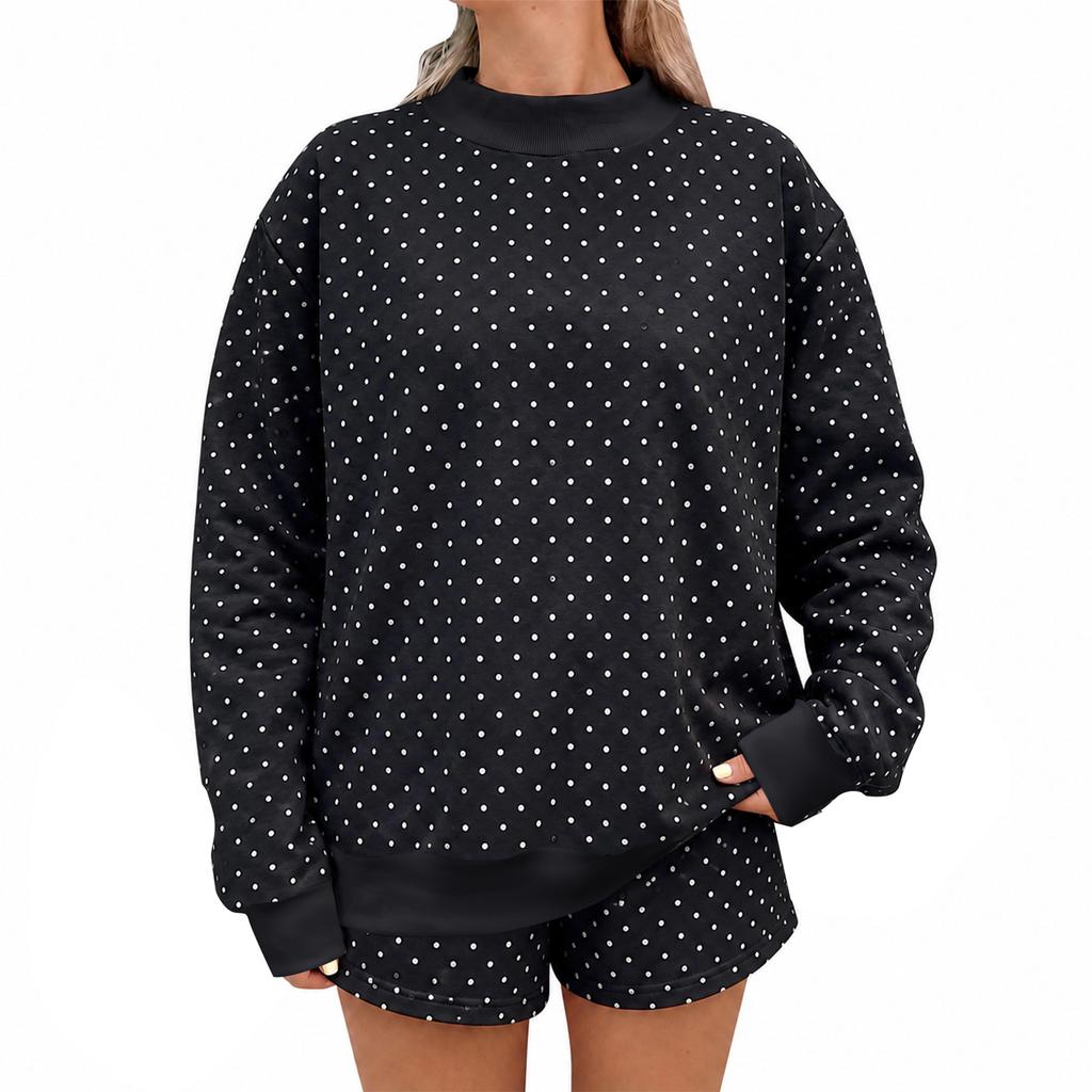 Women's Loose Fit Polka Dot Long Sleeve Neck Sweatshirt and Shorts 2 Piece Set