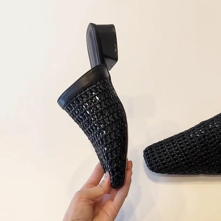 Woven One-pedal Bag Head and Half Slippers Women's 2025 Summer New Fashionable and Versatile Outer Wear Sports and Leisure Cool Slippers