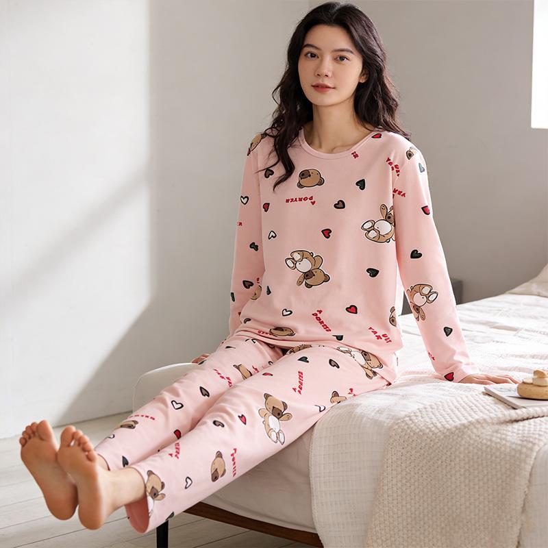 Spring and Autumn women's cartoon pajamas, pink girl cat print long-sleeved suit, loose loungewear