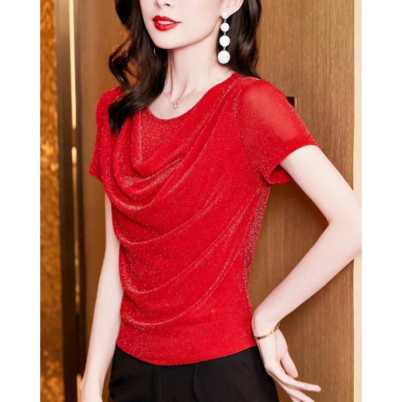 Summer New Fashion Versatile Swing Collar Bright Silk Short-sleeved Mesh Slim Fit T-shirt for Women