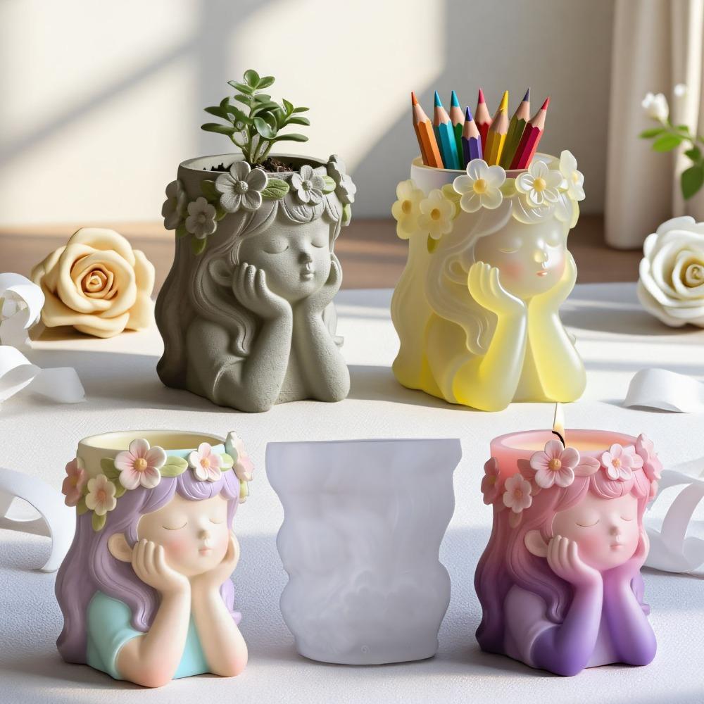 1pc Girl wearing a wreath shape vase silicone mold DIY candle cup container plaster concrete mold storage box flower pot resin m