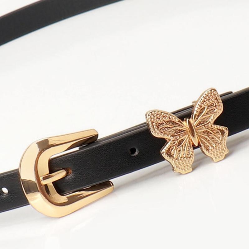 Stylish Gold Butterfly Decorated PU Leather Waist Belt Adjustable Length Waistband Sash for Dresses and Daily Outfits