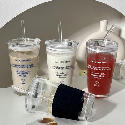 Stylish Ins-Style Glass Straw Cup for Cold Drinks with Lid – Ideal for Juice, Latte, Coffee, Milk, or Tea.