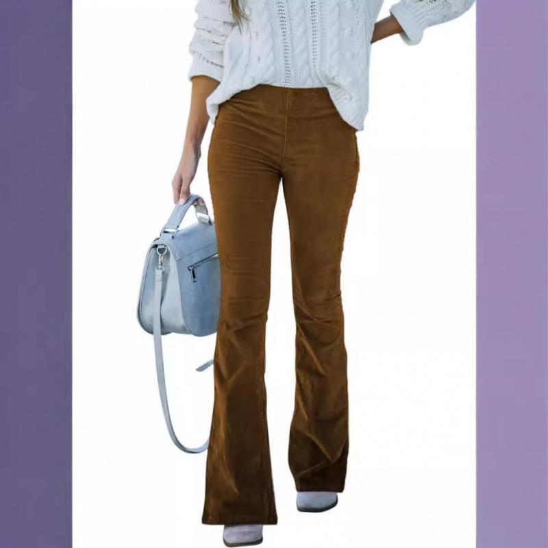 2026 Spring/Summer Women's Solid Color High-Waisted Slim Fit Slight Flare Corduroy Elastic Waist Casual Pants