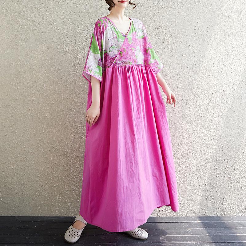 

Dimanaf 2025 Женское летнее платье большого размера с V-образным вырезом, с принтом, повседневное, цветочное, базовое, с коротким рукавом, свободное, длинное платье One Size розовый