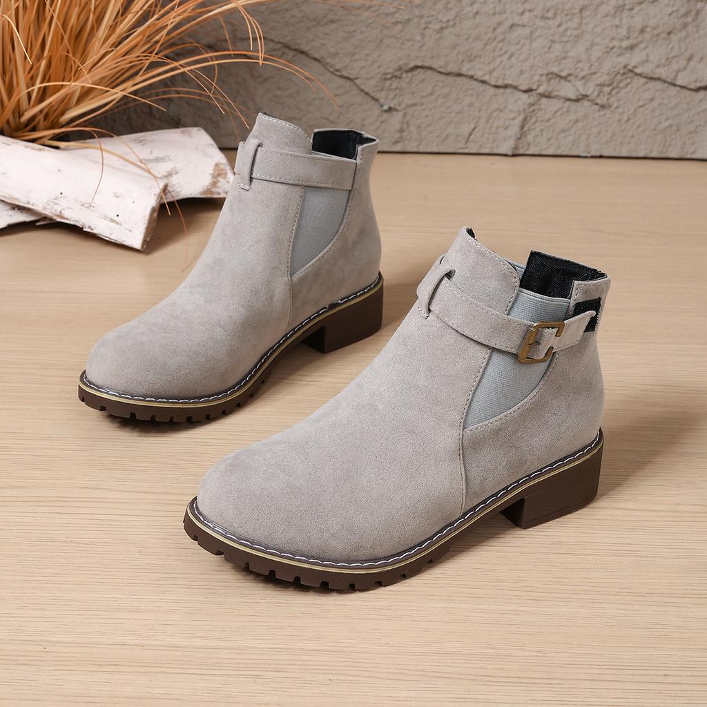 Women's Boots 2026 Autumn Winter Thick Bottom Belt Buckle Decoration Round Head Short Boots Polyurethane Material Ankle Boots