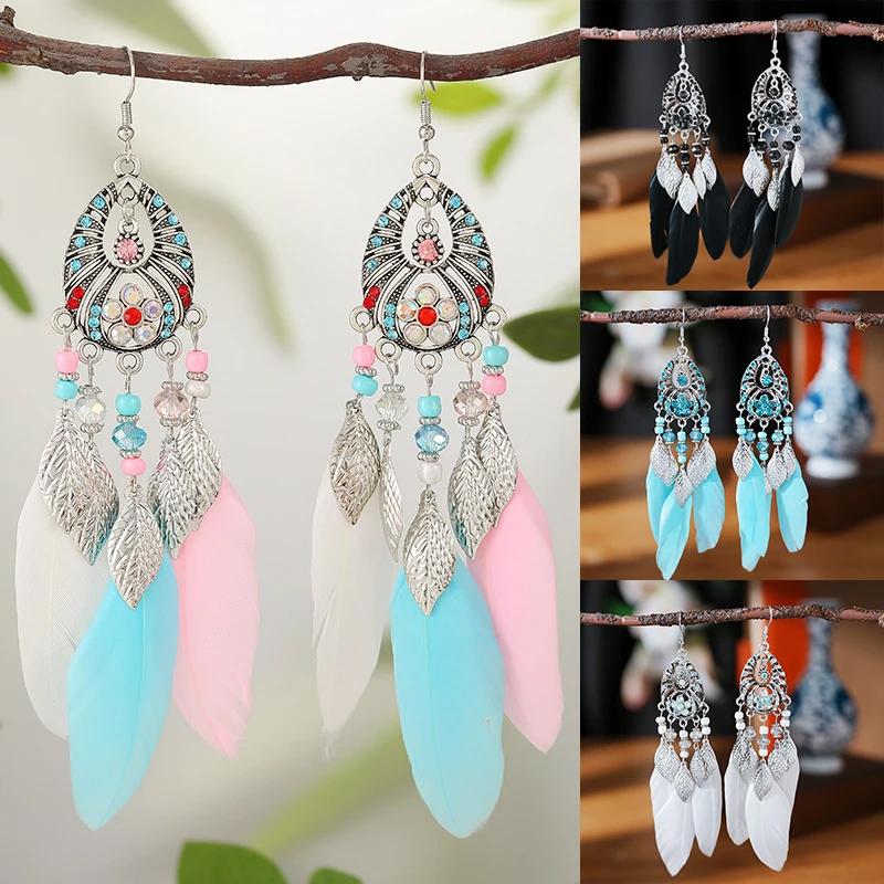 

Bohemain Feather Long Earrings For Women Vintage Geometric Handmade Crystal Beads Wedding Drop Dangle Boho Girls Ear Jewelry